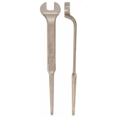 This nonsparking open end spud wrench is constructed from aluminum bronze with a natural finish. It features a 35 mm head size, 1 1/4 in offset, and 13/16 in head thickness. Used for tightening or loosening nuts and bolts in environments where sparking must be avoided.