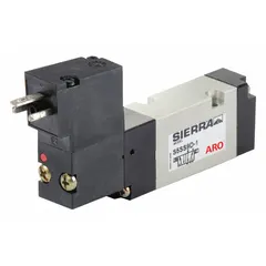 Four-way, two-position solenoid valve with base-mounted body and single solenoid. Operates on 24V DC with spring return and internal pilot. Normally open configuration includes solenoid coil. Used to direct compressed air in automated machinery and pneumatic circuits.