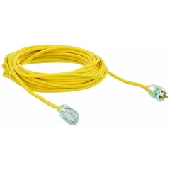 This 50-foot outdoor extension cord features a single outlet with a NEMA 5-15P plug and 14/3 SJTOW wire. Rated for 125V AC, it operates in temperatures from -58° to 194°F. The yellow jacket provides high visibility, suitable for powering tools and equipment in outdoor work areas.