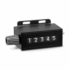 This mounted mechanical counter features a top coming (TC) configuration and base mounting. It has a white display with 5 black digits. Suitable for rotary counting applications in industrial machinery to track revolutions or cycles.