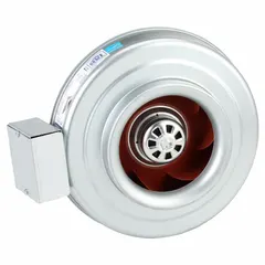 This inline duct fan is designed for general-purpose ventilation in HVAC systems, moving air through 8-inch ducts at up to 428 cfm. It features a single-speed, high-efficiency motor that is speed controllable, and includes a mounting bracket. The housing is constructed from galvanized steel with an IP44 rating, suitable for use in commercial and industrial environments.
