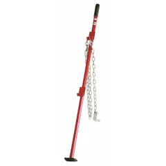 This steel alignment stick, measuring 52 inches in length, width, and height, is finished in red and includes a chain assembly. It is used for push-pull jack applications to align and position heavy equipment or machinery in industrial settings.
