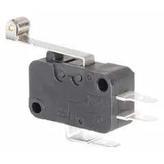 This roller-lever snap-action switch features a 1NO/1NC contact configuration with quick-connect terminals. It is rated for 15 A at 240 V AC. The roller lever actuator is suited for position sensing and limit control in industrial machinery, conveyors, and automation systems.