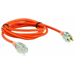 This outdoor extension cord features a single NEMA 5-15P outlet and a 10 ft length of 16/3 SJTW cable rated for 125V AC. The orange jacket is designed for visibility, and the cord operates in temperatures from -40° to 167°F. Suitable for powering tools, lights, or equipment in outdoor work areas.