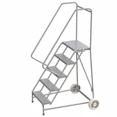This assembled aluminum tilt-&-roll ladder provides a 4.2 ft platform height and supports up to 350 lb. It features double handrails and a gray finish, suitable for maintenance, warehousing, and assembly tasks requiring stable elevated access.
