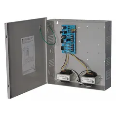 Steel-enclosed power supply board operating on 115V AC input. Provides two 24V AC outputs and two 12V DC outputs rated at 4A total. Suitable for powering access control systems, security cameras, and other low-voltage devices requiring 24V AC or 12V DC.