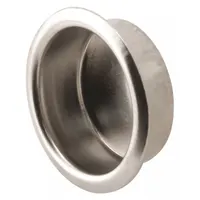 This round recessed handle is designed for tray applications in cabinets, drawers, or enclosures. Made of brass with a satin nickel finish, it features snap-in mounting for a flush, low-profile grip without exposed fasteners. Sold as a 4-pack