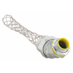 Liquid-tight conduit fitting with strain relief, 1/2 in trade size, 45° insulated elbow, and 3 1/2 in mesh length. Used to terminate and secure liquid-tight flexible metal conduit in electrical systems, providing protection against moisture and mechanical stress.