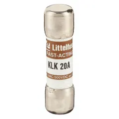 Fast-acting cylindrical fuse rated 20 A, 600 V AC, 500 V DC. Midget size 13/32 in x 1 1/2 in. Provides overcurrent protection in control panels, motor circuits, and power supplies.