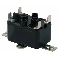 This fan-control relay features a single-pole single-throw (SPST) normally open contact with a 277V AC coil. It is used in HVAC systems to switch fan motors on and off in commercial or industrial ventilation applications.