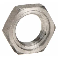 This locknut is a threaded Class 150 pipe fitting made of malleable iron. It is used to secure threaded connections in low-pressure piping systems, preventing loosening from vibration or thermal cycling. Typical applications include plumbing, HVAC, and industrial piping.
