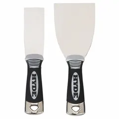 This putty knife set includes multiple knives with stainless steel blades and straight blade shape, featuring full tang construction. The handles are made of plastic and steel. Suitable for applying and smoothing joint compound, spackle, or filler on drywall and wood surfaces.