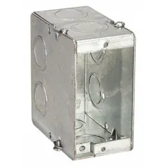 Steel masonry electrical box for embedding in concrete or block walls. Single-gang design with dimensions 3-1/2 in depth, 1-15/16 in width, and 3-3/4 in height. Supplied without clamps or brackets. Suitable for housing wiring connections, switches, or outlets in commercial and industrial construction.