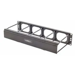 This horizontal ring-style cable manager is constructed from steel with a black finish. It occupies 2 U of rack space and provides single-side cable routing and management. Used in network racks to organize and secure horizontal cable runs, reducing clutter and improving airflow.