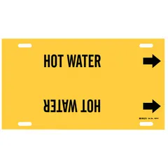 Yellow pipe marker with black 'Hot Water' legend and directional arrows. Fits pipe outer diameters from 6 to 7-7/8 inches. Single marker for strap-on installation on hot water piping systems in industrial facilities.