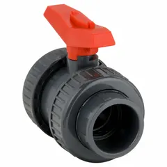 This PVC ball valve features a straight two-piece body with FNPT threaded ends and a tee handle for manual two-way flow control. Constructed from PVC, it is suited for use in water treatment, chemical processing, and irrigation systems where corrosion resistance is required.
