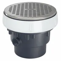 Round solvent weld floor drain with 5 3/8 in grate and 4 in nominal pipe size. Includes stainless mesh screen for debris filtration. Height adjustable for surface water and washdown fluid collection in commercial or industrial floors