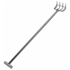 FDA-compliant reinforced hygienic fork with four tines, 3 1/2 in tine length, and 56 1/2 in handle length. Suitable for hygienic material handling in food processing and sanitary environments.