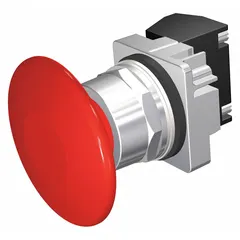 Momentary-action mushroom-head push button from the Siemens Class 52 series. Features a 30 mm non-metallic mushroom head profile with one normally closed (1NC) contact. Equipped with pressure plate terminals for secure wiring. Commonly used as an emergency-stop or control actuator in industrial machinery and control panels.