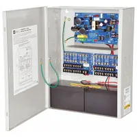 This power supply board with steel enclosure operates on 115V AC input and provides selectable 12VDC at 3.5A or 24VDC at 3A output. It features 16 fused outputs for distributing power to multiple devices. Typical applications include access control, security, and fire alarm systems