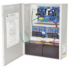 This power supply board with steel enclosure operates on 115V AC input and provides selectable 12VDC at 3.5A or 24VDC at 3A output. It features 16 fused outputs for distributing power to multiple devices. Typical applications include access control, security, and fire alarm systems.