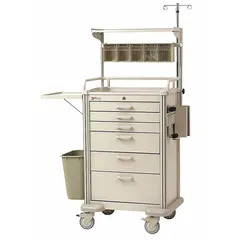 This METRO medical procedure cart features an aluminum frame with a taupe cabinet and six white drawers. It is equipped with two swivel casters and two swivel casters with brakes for mobility and stability. Suitable for organizing and transporting medical supplies and instruments in healthcare settings.