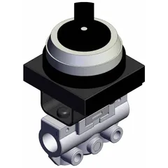 Side-ported body with 3 ports and 1/8 in BSPP connections. Two-position twist actuator for manual pneumatic flow control in industrial automation and material handling systems.