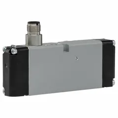 Four-way, two-position solenoid air control valve with single solenoid and spring return. Operates on 24V DC with internal pilot. Used for directional control of pneumatic cylinders and actuators in industrial automation systems.