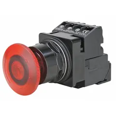 This illuminated mushroom-head push button from Siemens Class 52 series features a 30 mm non-metallic actuator with maintained action. It is configured with one normally open and one normally closed contact (1NO/1NC). Suitable for industrial control panel applications requiring a large, easy-to-actuate surface for start or stop functions.