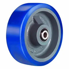This wheel features a blue polyurethane tread on a steel core with an Ergo-Glide tread shape. It has a 6 in diameter, 1 1/2 in width, and a load rating of 680 lb. Commonly used on carts, dollies, and racks in industrial material handling applications.