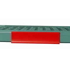 Red identification marker for MetroMax Q Series plastic shelving. Overall width 6 inches, overall height 1 1/2 inches. Provides visual labeling to organize and identify shelf contents in storage areas.