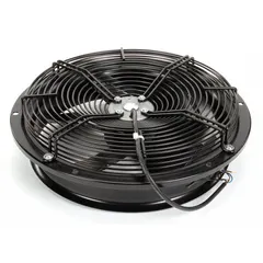 Standard round axial fan with 15 5/8 in diameter and 4 1/2 in depth. Operates on 115V AC at 1580 RPM. Features IP44-rated steel housing and lead wire connections. Suitable for general ventilation and cooling applications in industrial equipment and HVAC systems.