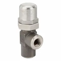 Hard-seat pressure control valve with stainless steel body and 1/4 in NPT connections. Maximum set pressure of 3,600 psi. Used in hydraulic systems to limit or regulate pressure in industrial machinery and fluid power circuits.