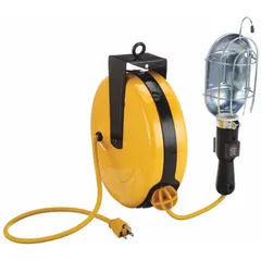 This bulb-dependent lighted cord reel provides a retractable 25 ft power extension with a hand lamp for task lighting. It supplies 120V AC power through a 5-15R receptacle while the hand lamp illuminates the work zone. The reel features 16 AWG SJT cordage and a 5-15P feeder end. Bulb not included.