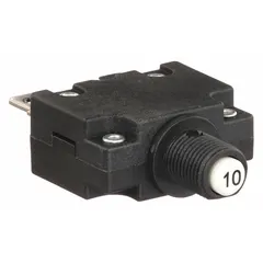 This push button style miniature circuit breaker is designed for front panel mounting with a 3/8 in collar. It provides overcurrent protection rated at 10 A for AC systems up to 125/250V and DC systems up to 32V. Termination is via 1/4 in tab terminals, and the unit has a depth of 1.78 in. Typical applications include control panels, power distribution, and equipment requiring manual reset.