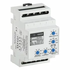 DIN-rail mounted phase monitor relay for detecting phase loss in three-phase power systems. Rated for 10 A continuous current and 480 to 600V AC supply. Suitable for industrial motor protection, HVAC, and pump control applications.