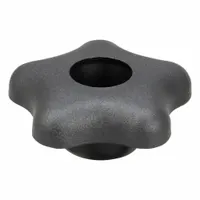This Snap-Lock 5-Arm Knob is made of plastic with a 2.27 in diameter. It features a 1/4" thread and a 1 in thread length. Commonly used for manual adjustment and clamping on machinery, control panels, and industrial equipment