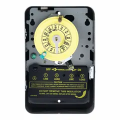 The INTERMATIC T104 is a 24-hour electromechanical timer switch with a double-pole single-throw (DPST) switching configuration. It operates on 208-277V AC and features a metal body for indoor surface mounting. This timer is used for time-based control of electrical circuits in applications such as lighting, HVAC, or motor control.