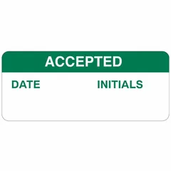 Rectangular inspection label made of abrasion-resistant polyester with matte finish. Green/white color scheme. Suitable for indoor use in quality control, maintenance tracking, and asset identification applications. Pack of 364 labels.