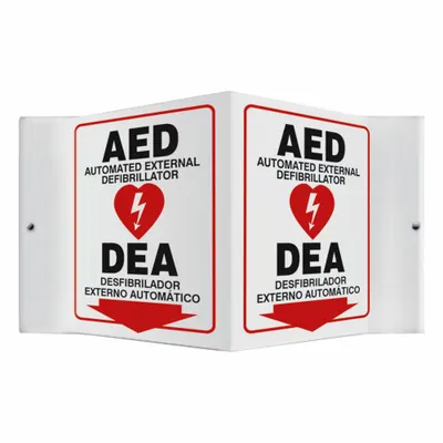 CONDOR Safety Sign: PETG, Mounting Holes Sign Mounting, 12 in x 14 in Nominal Sign Size - V-Shape Projection AED Automatic External Defibrillator/AED Defibrillator Automatizado Externo Signs