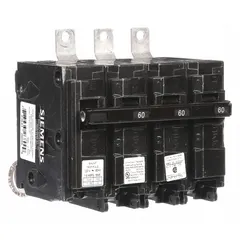 Three-pole miniature circuit breaker rated 60 A at 120/240V AC, from the BL Series. Features a shunt trip for remote disconnection. Provides overcurrent protection with a maximum AIR rating of 22kA at 240V AC. Designed for use with Siemens P1 panelboards in commercial and industrial electrical distribution systems.