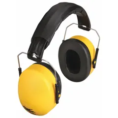 Passive over-the-head earmuffs with 26 dB NRR for general industrial noise reduction. Foldable design with PVC construction in yellow. Suitable for use in manufacturing, machine shops, and construction sites.