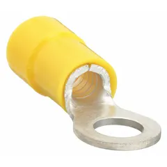 Yellow vinyl-insulated ring terminal for #10 stud size, accepting 12 AWG to 10 AWG wire, rated 600 V. Funnel entry design aids wire insertion. Used to terminate wires to stud or screw terminals in control panels, machinery, and power distribution.
