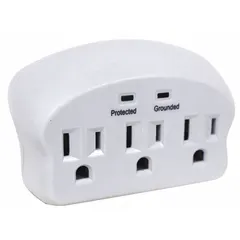 This surge-protected outlet plug adapter converts a single wall outlet into three grounded outlets, providing basic surge protection for connected equipment. Rated for 125V AC, it is suitable for use in industrial control panels, workstations, or maintenance areas where multiple devices need power.