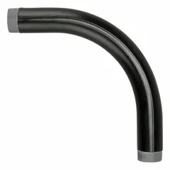 This 90° elbow is used to change the direction of piping systems. It features a steel construction with a PVC-coated finish for corrosion resistance. The fitting has a 2-inch trade size, NPS threads, and male-to-male connections. Overall length is 12 inches.