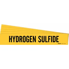 Yellow adhesive pipe marker with black legend reading 'Hydrogen Sulfide'. Designed for pipes with outer diameter from 2-1/2 to 7-7/8 inches. Supplied without directional arrows. Pack of 5 markers. Used to identify pipes carrying hydrogen sulfide gas in industrial facilities.