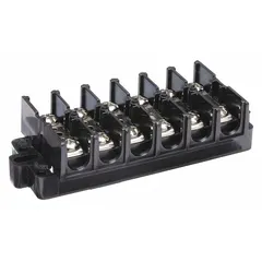 This 6-pole surface mount barrier strip accepts wire sizes from 22 AWG to 6 AWG and is rated for a maximum current of 60 A. It is used for terminating and distributing electrical connections in control panels, junction boxes, and similar equipment where a multi-pole terminal block is required. No cover is included.