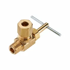 Brass angle-body needle valve with screw-in bonnet and metal tee handle. Designed for water media, with 1/4 in pipe size and Compression x MIP connection (female compression on side 1, male IPS on side 2). Suitable for precise flow regulation and shut-off in industrial piping systems. Manufactured to ISO 9001 standards.