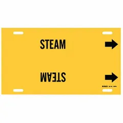 This strap-on pipe marker is used to identify steam lines in industrial piping systems. It features a yellow background with black legend text and directional arrows. Designed to fit pipe outer diameters of 10 to 15 inches. Supplied as a single marker.