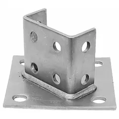 This post base is designed for double strut channels measuring 1-5/8 in x 3-1/4 in. Constructed from 304 stainless steel, it features 8 holes with a 9/16 in diameter for secure mounting. Used in industrial framing, cable tray, and pipe support systems to anchor vertical channel members to floors or foundations.